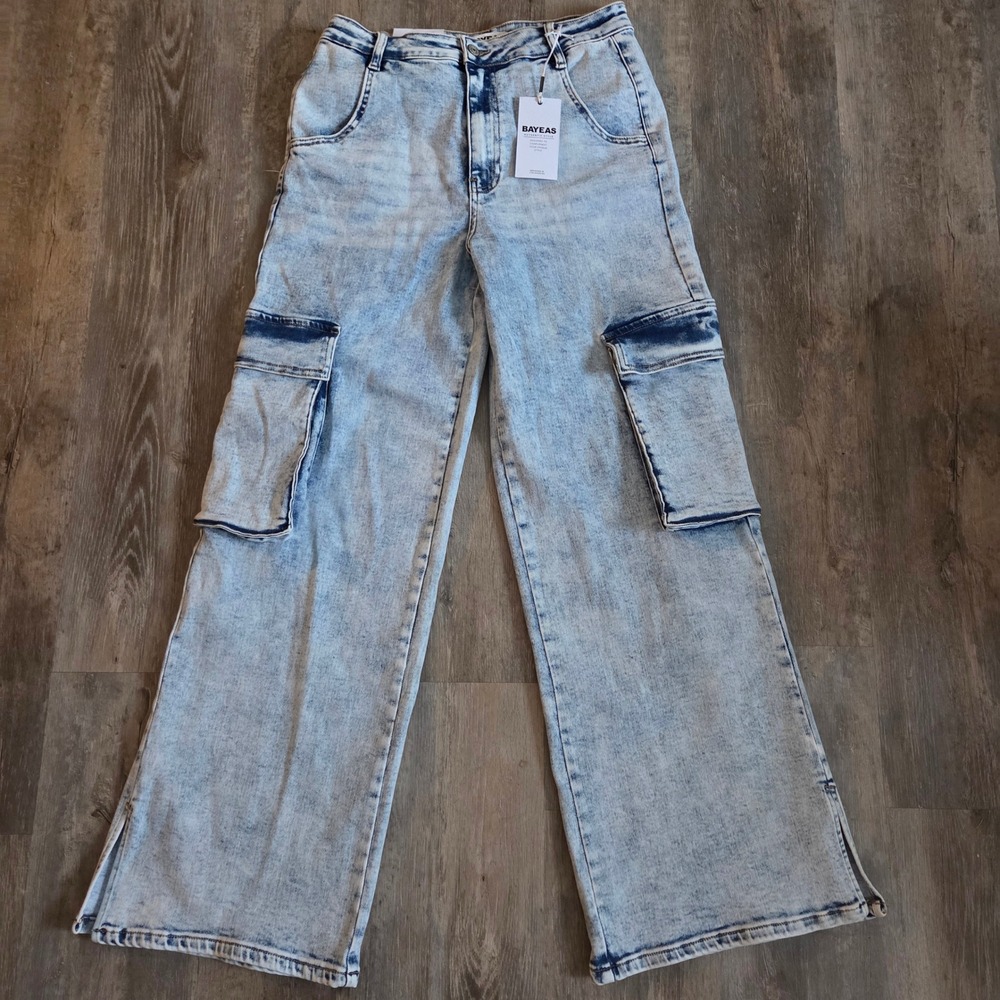 Bayeas Womens High Rise Wide Leg Cargo Jeans Light Acid Wash Size 30 BYW8105